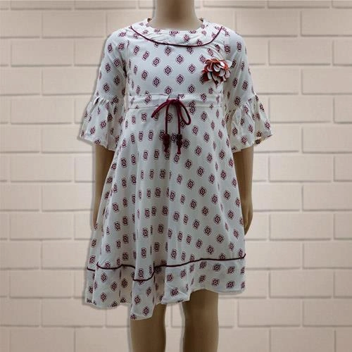 G.GIRL FROCK WHITE- MAROON PRINTED- 12 Y