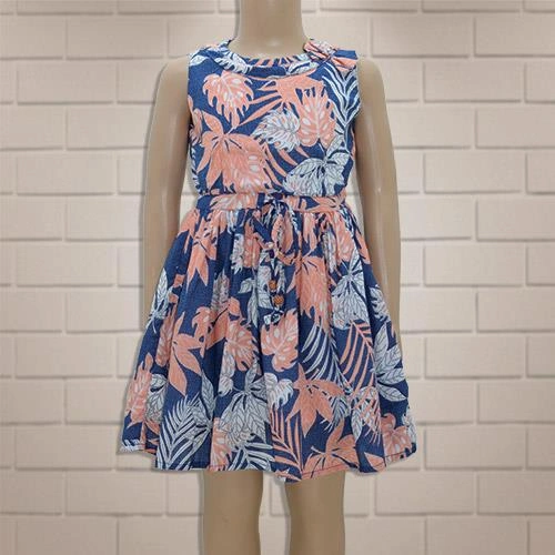 G.GIRL FROCK BLUE-ORANGE FLORAL PRINTED- 8 Y