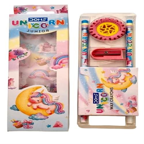 Doms Unicorn Junior Kit Combination of 4 Items Pencil, Eraser, Sharpener, Wax Crayons