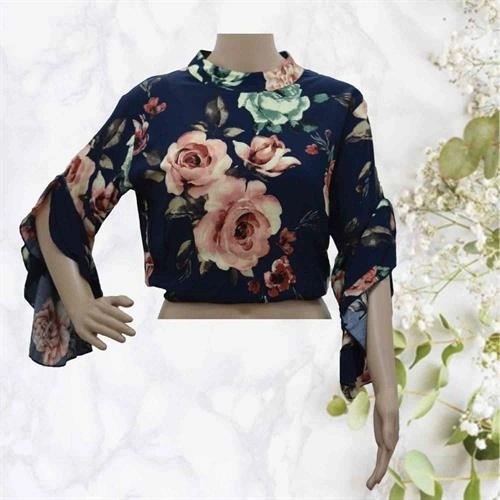 CROP TOP FLORAL PRINTED NAVY BLUE-FREE SIZE